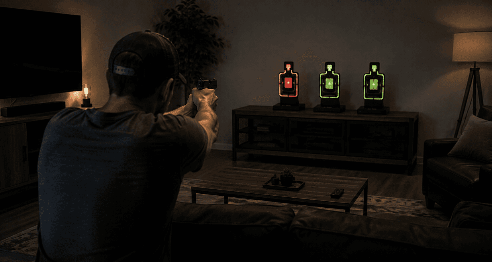 Shooter training at home in front of three glowing Range:R Smart Targets